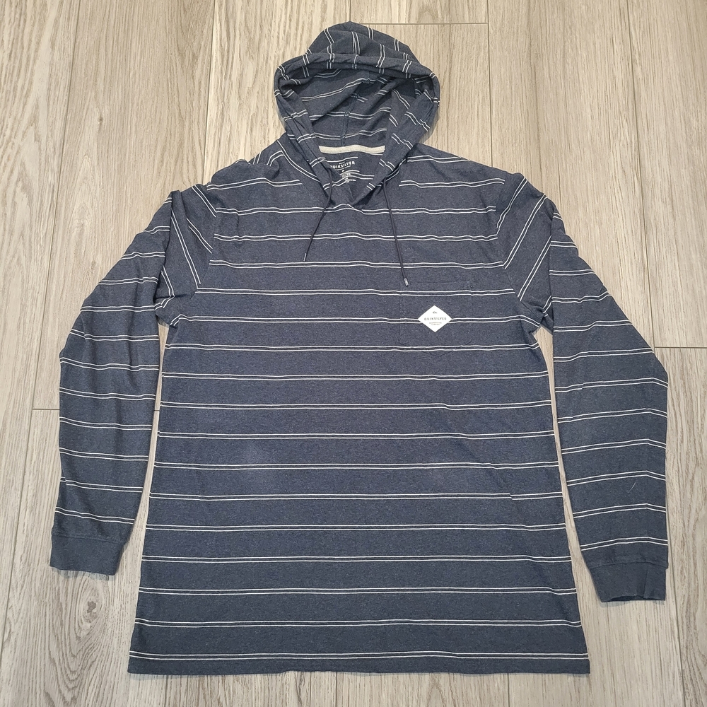 Quiksilver Men's Navy Blue Hooded Long-Sleeve Striped Hooded Shirt Large